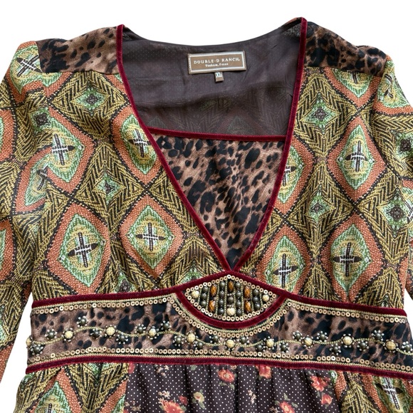 Double D Ranch Western Print Dress Beaded Embellished Boho Cowgirl XL Leopard - Picture 4 of 15